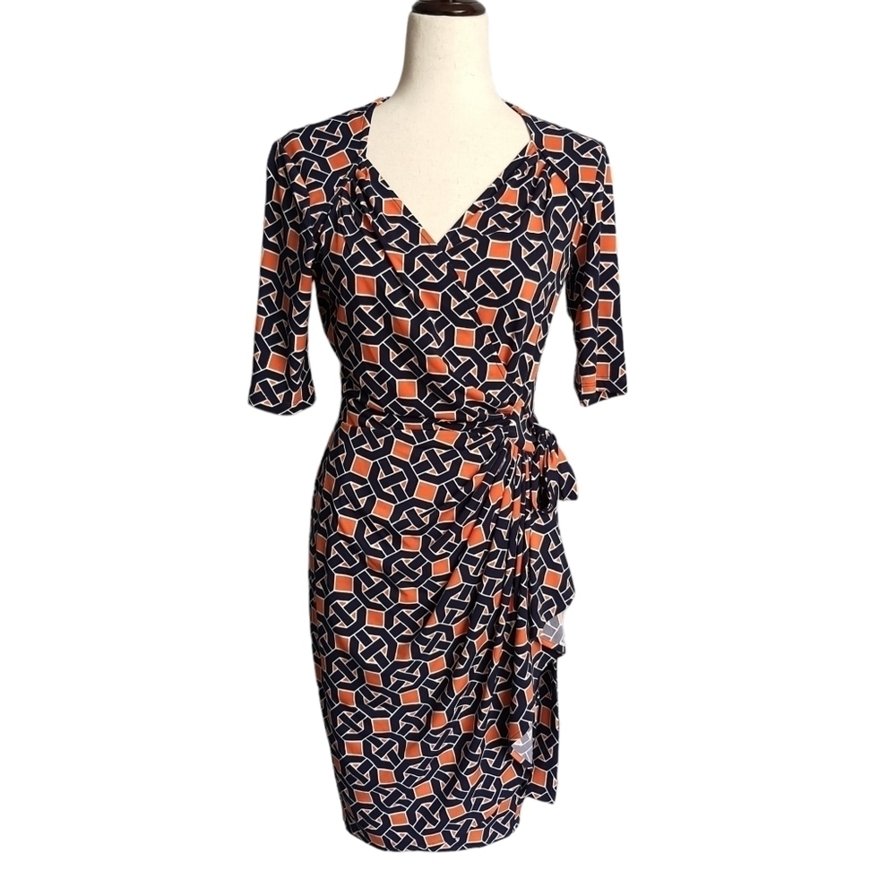 Maggie London Short Sleeve Chain Print Wrap Dress Size 6 Blue, Orange